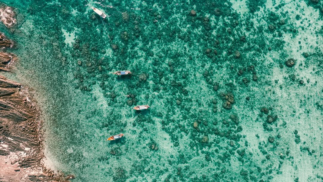 Straight-down shot of three longtail boats floating over coral-flecked, transparent turquoise shallows.