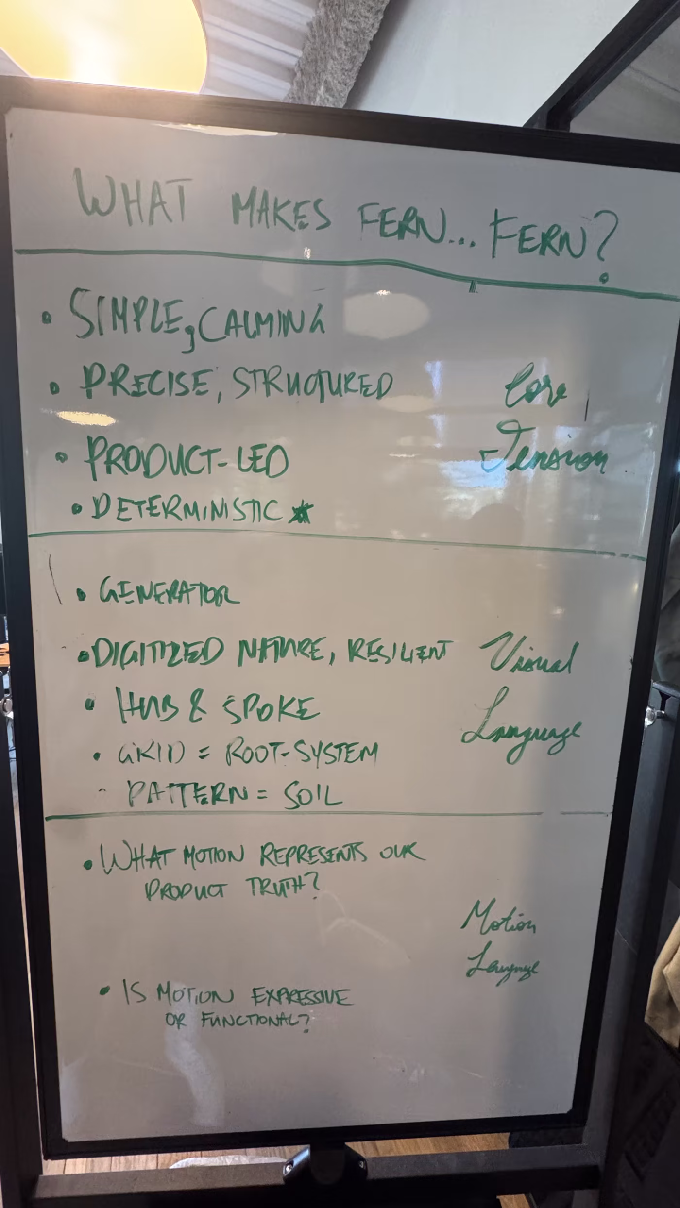 A whiteboard titled 'What makes Fern... Fern?' grouping notes into core tension (simple and calming, precise and structured, product-led, deterministic), a visual language (generator, digitized nature and resilient, hub and spoke, grid as root-system, pattern as soil), and a motion language.