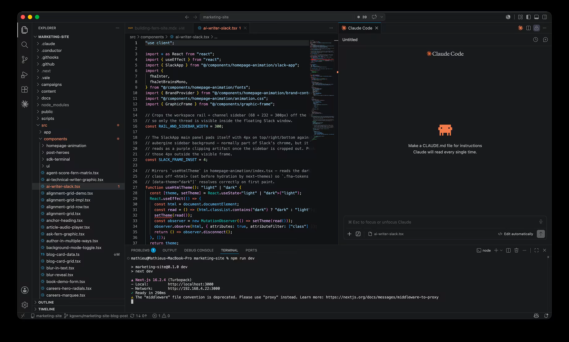 The new Fern site's codebase open in a code editor, with the file tree on the left, a React component in the center, and Claude Code running in a panel on the right.