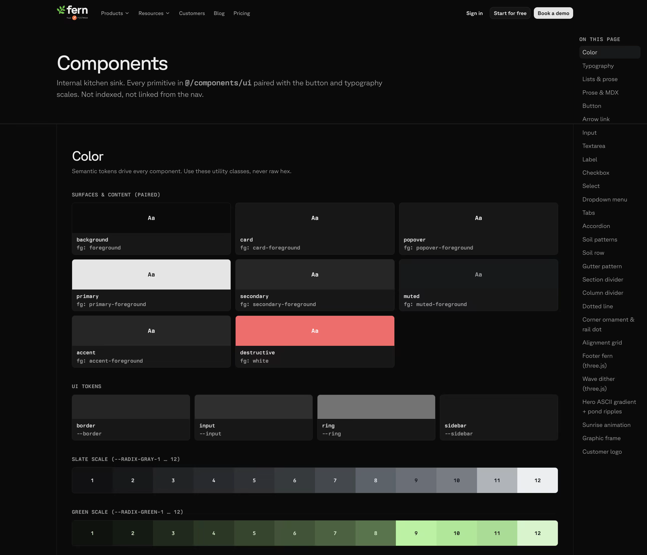 The /components page: an internal kitchen sink listing semantic color tokens, surface pairings, UI tokens, and the slate and green scales, with a sidebar indexing every primitive.