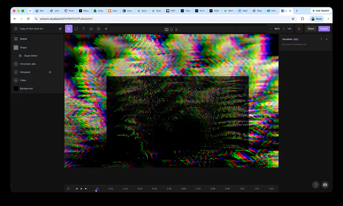 A chromatic-aberration and dither pattern experiment in the claude.ai/design editor.