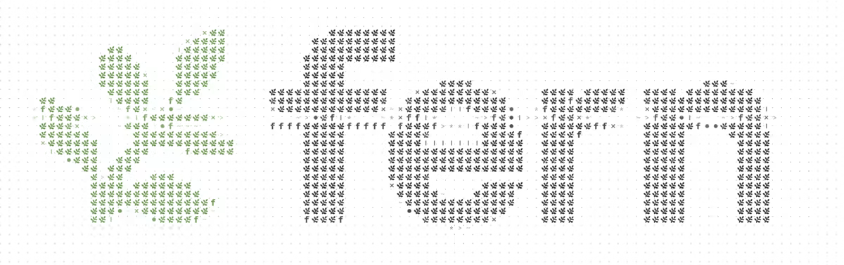 An ASCII-art version of the fern wordmark and leaf built from typographic characters.