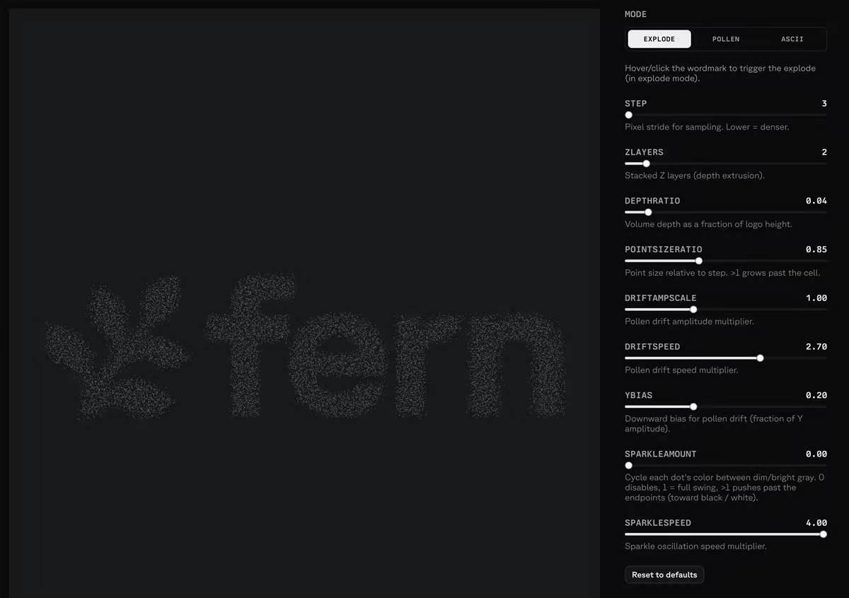 The footer fern particle sandbox in explode mode, the word fern rendered as drifting dots with tuning sliders.