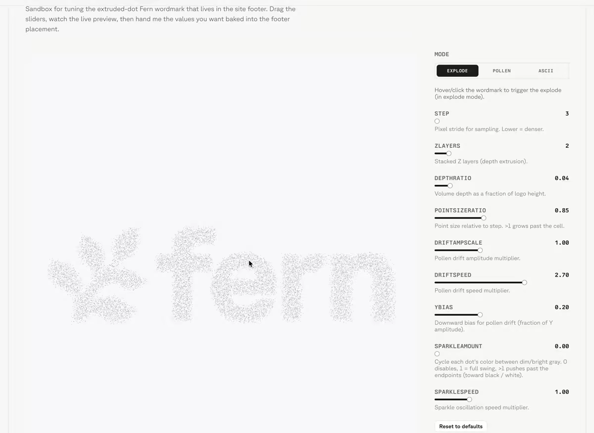 The footer fern tuning sandbox with a live preview and sliders for the extruded-dot fern wordmark.