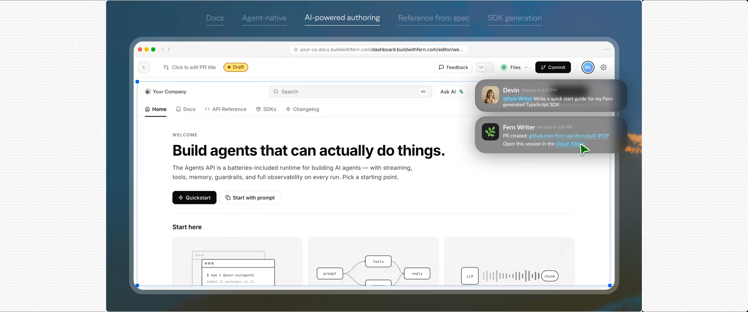 The AI-powered authoring tab of the version-one hero demo: a docs draft titled 'Build agents that can actually do things' with Fern Writer chat bubbles alongside.