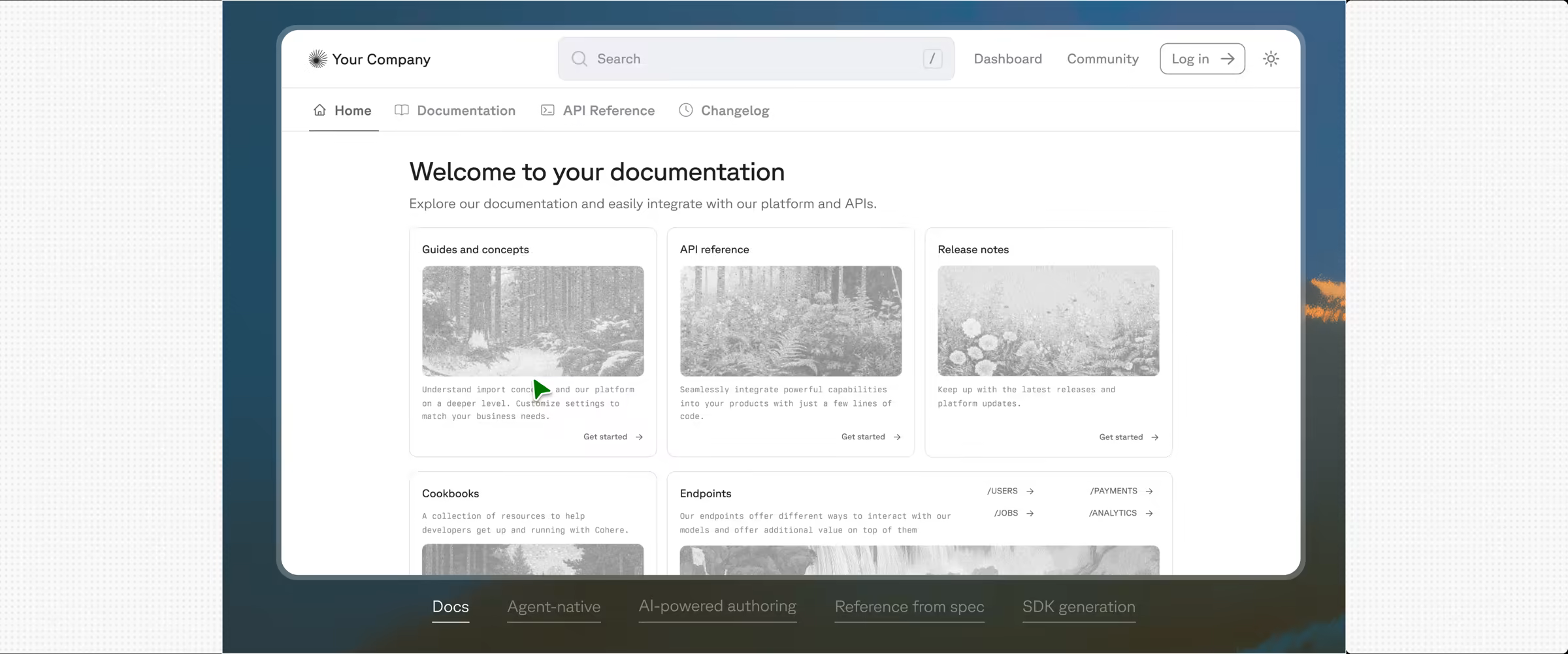 Version one of the hero demo: a generic docs homepage with tiles for guides, API reference, release notes, cookbooks, and endpoints, with the demo tabs along the bottom.