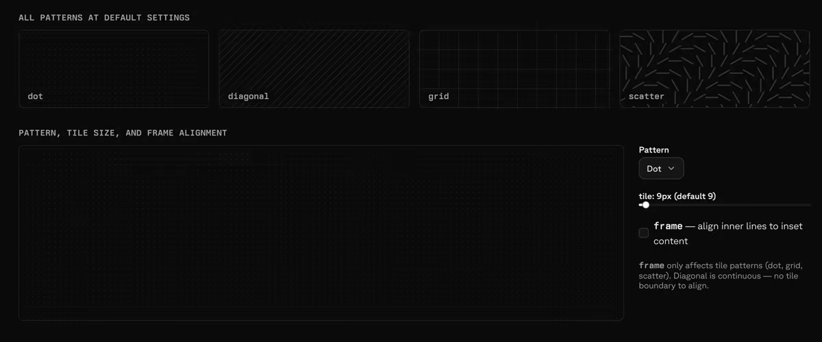 A patterns playground in claude.ai/design showing dot, diagonal, grid, and scatter gutter patterns with tile-size and frame-alignment controls.
