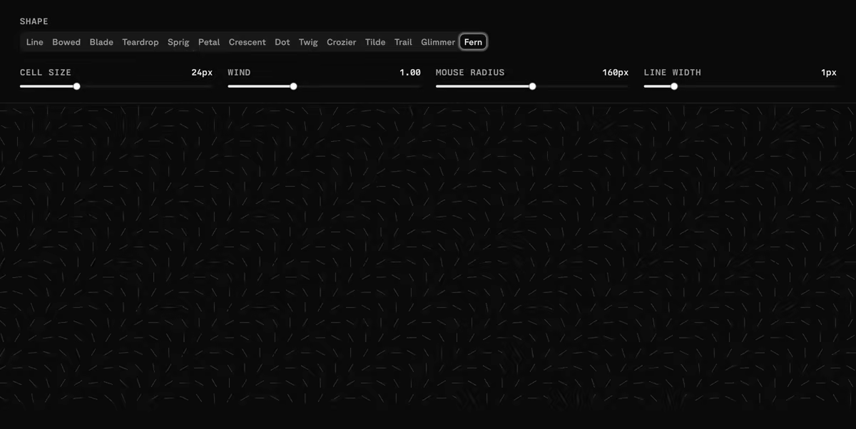 A scatter-pattern playground with selectable shapes like line, blade, petal, and fern, plus cell-size, wind, and line-width controls.