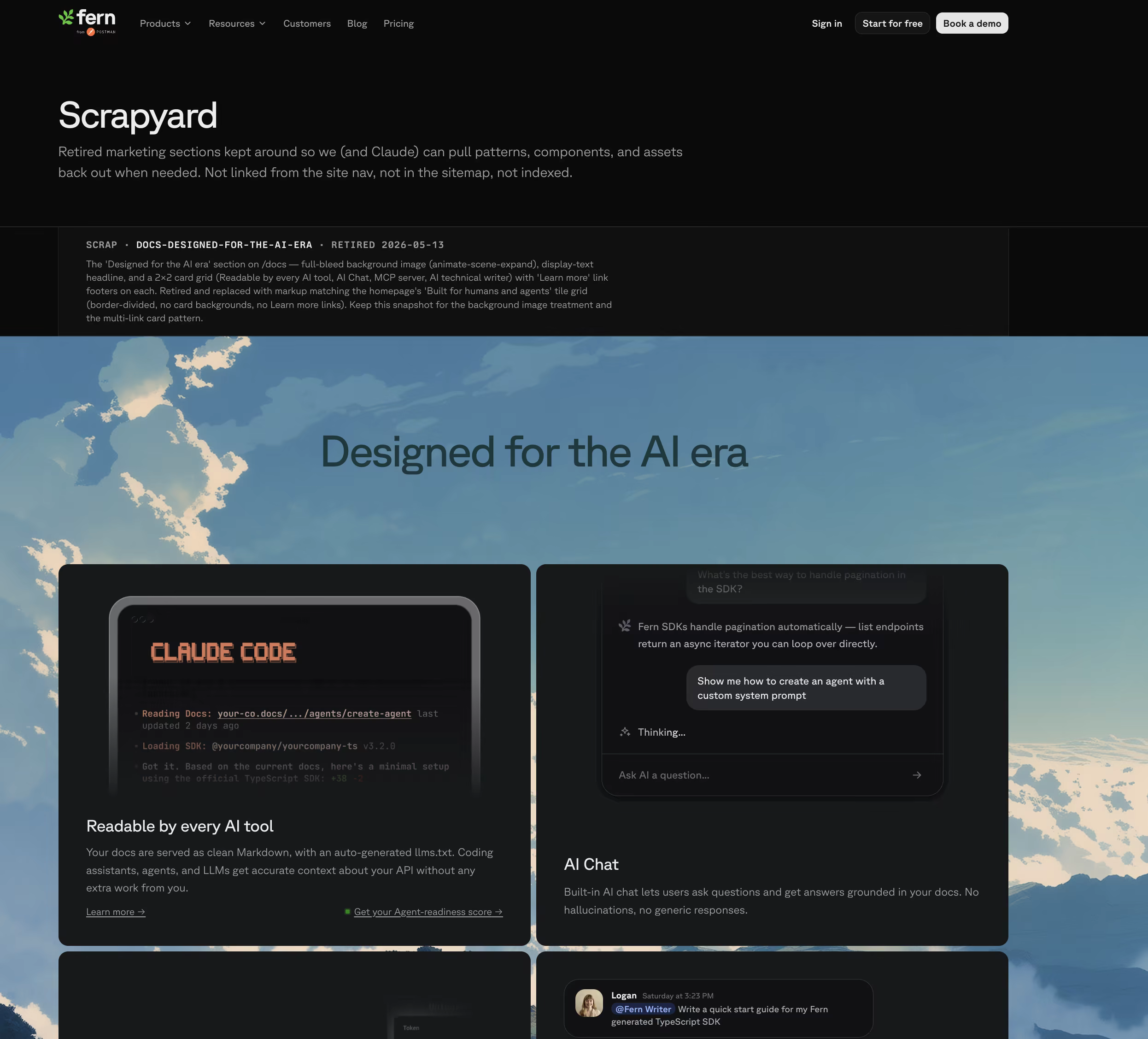 The /scrapyard page: a retired 'Designed for the AI era' marketing section preserved with markup notes on why it was replaced.