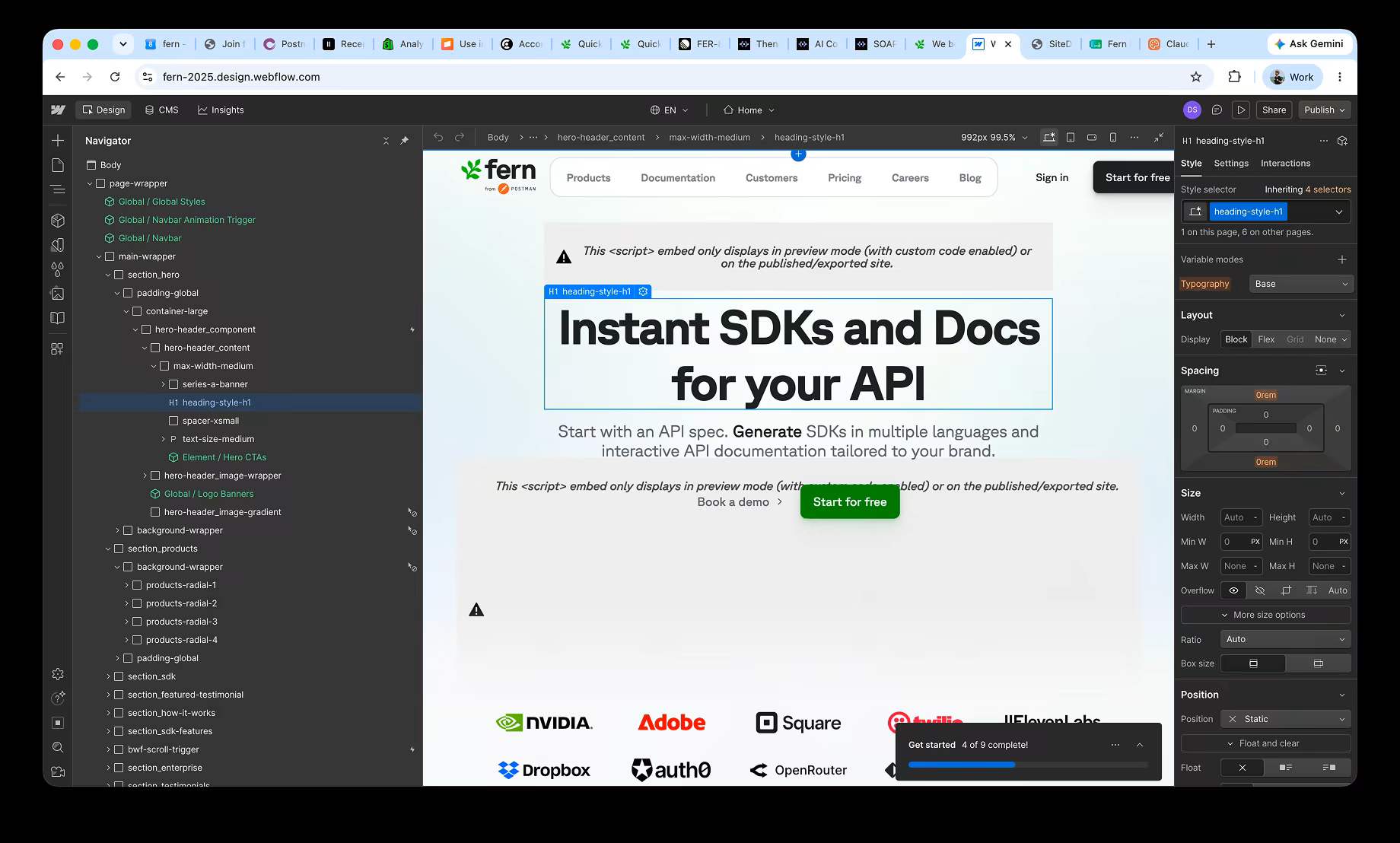 The old Fern marketing site open in the Webflow Designer, with the layer navigator on the left and the style panel on the right.