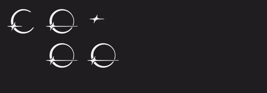 Logo variations on a dark board: a crescent C with a four-point star glint, orbit-ring versions with a horizontal line crossing the circle, and the glint on its own.