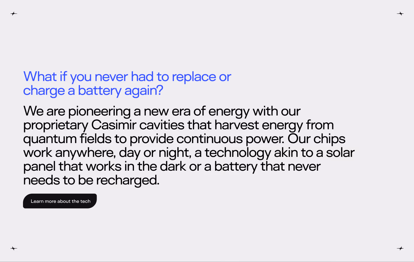 A light gray section of the Casimir site with an electric blue headline reading 'What if you never had to replace or charge a battery again?' above a plain-language explanation of Casimir cavities.