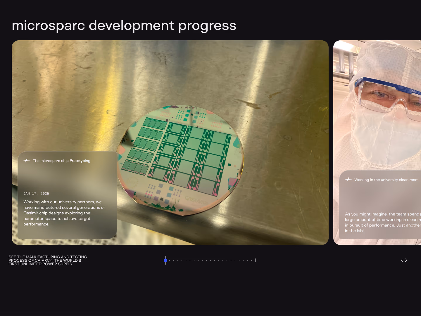 The 'microsparc development progress' section: a photo of a silicon wafer with chip dies on a steel table, next to a researcher in cleanroom goggles.