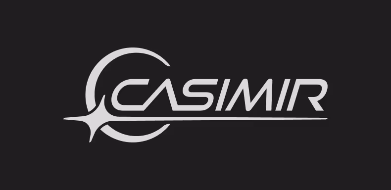 The CASIMIR wordmark in an expanded italic typeface, with the crescent-and-glint mark on the C and a thin horizon line running beneath the letters.