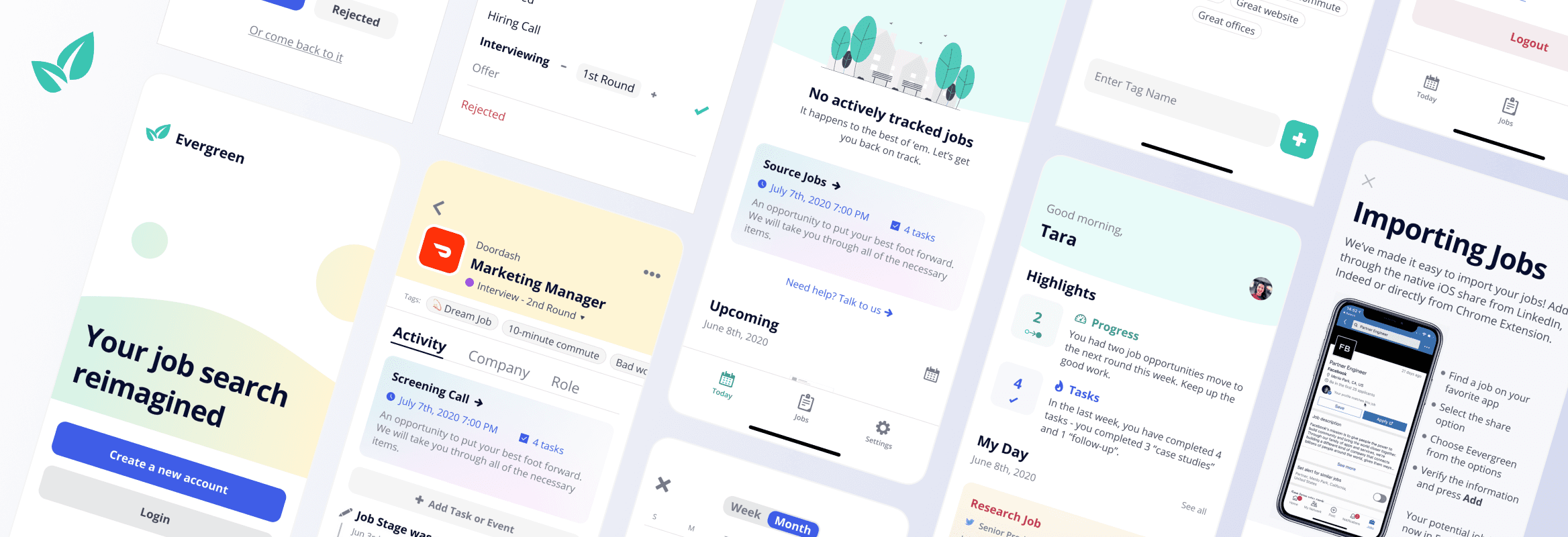 A collage of Evergreen mobile app screens in the brand's soft green and white palette, showing job tracking, tasks, and importing flows.