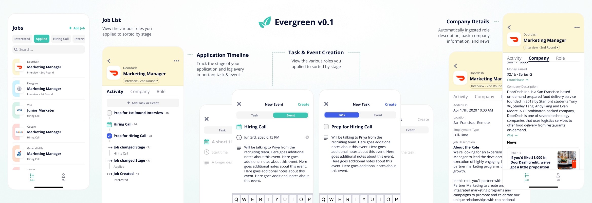 Evergreen v0.1 screens: a job list sorted by stage, an application timeline with activity log, task and event creation modals, and automatically ingested company details.