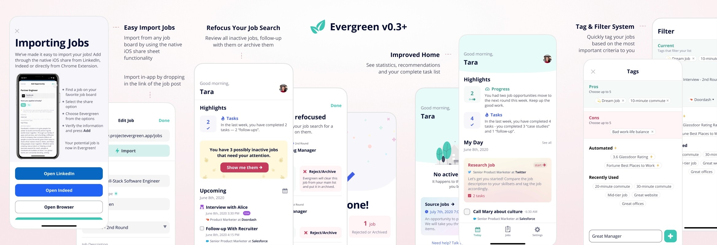 Evergreen v0.3+ screens: importing jobs via iOS share sheet and Chrome extension, a refocus flow for inactive jobs, an improved home with statistics and recommendations, and a tag and filter system.