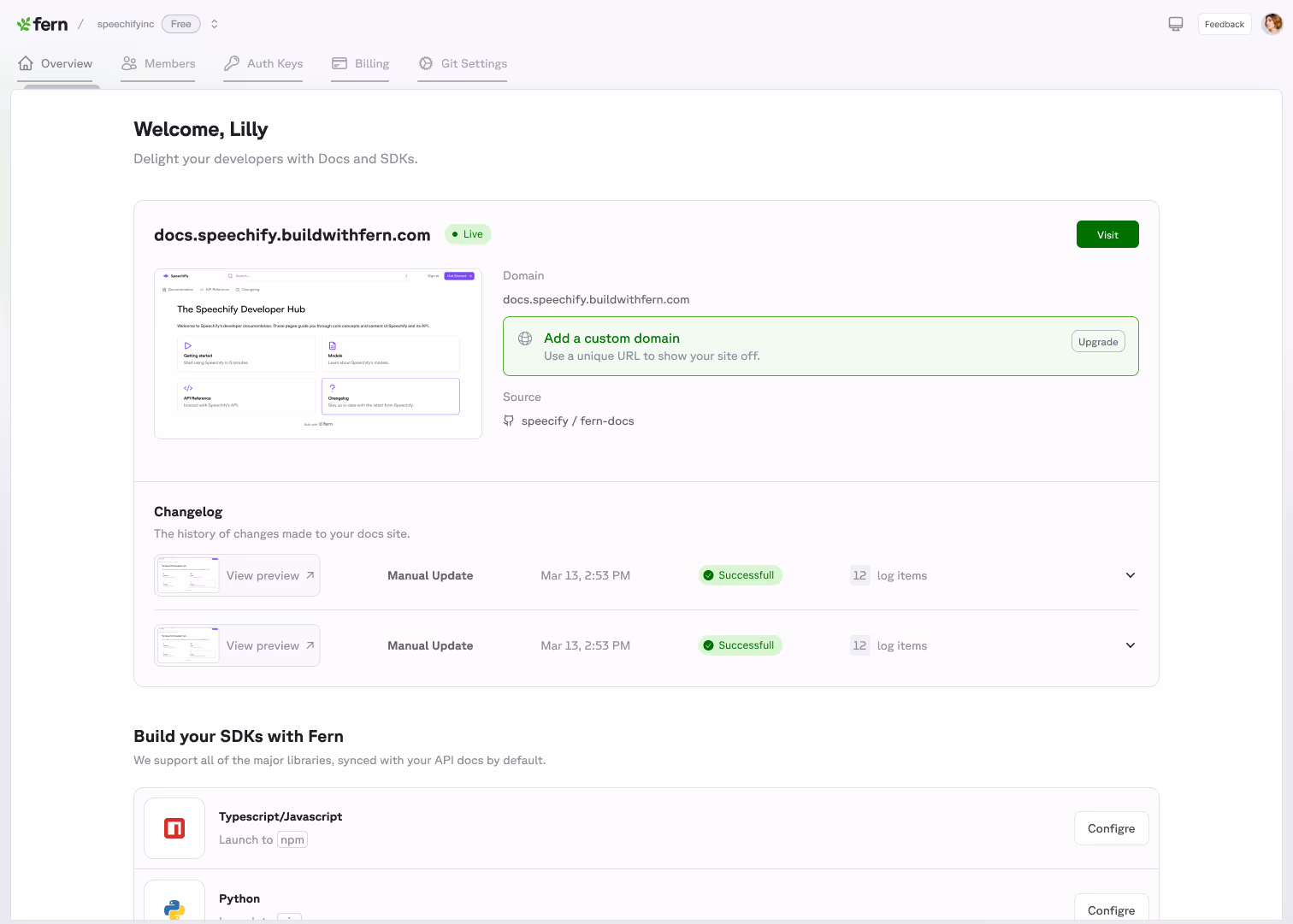 An early iteration of the dashboard home: a welcome header, a docs site card with domain and changelog, and a two-item SDK list.