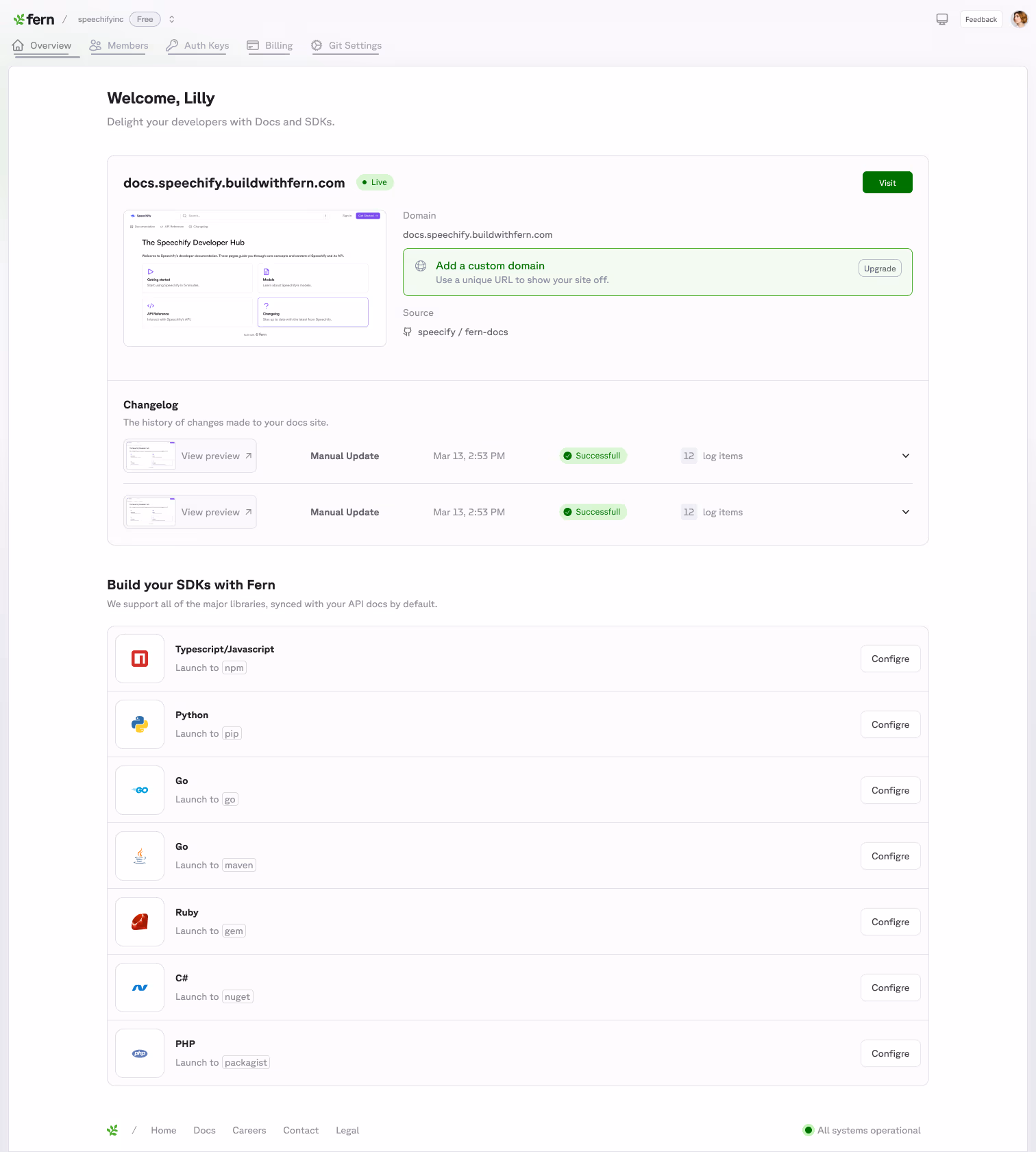 A later iteration of the dashboard home with a fuller SDK list across seven languages and a custom domain callout.