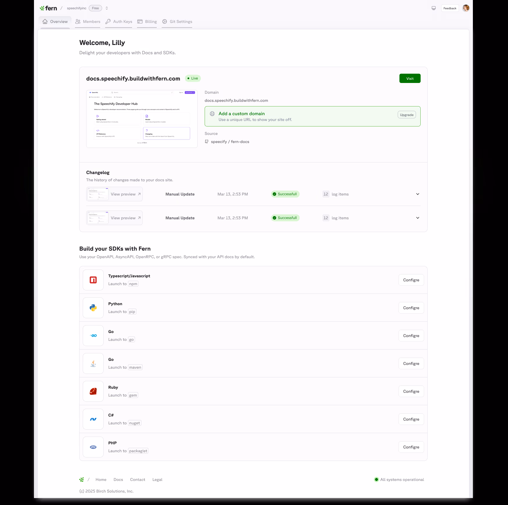 The final pre-launch iteration of the dashboard home: domain card with a custom domain prompt, changelog with status badges, and the complete SDK configuration list.