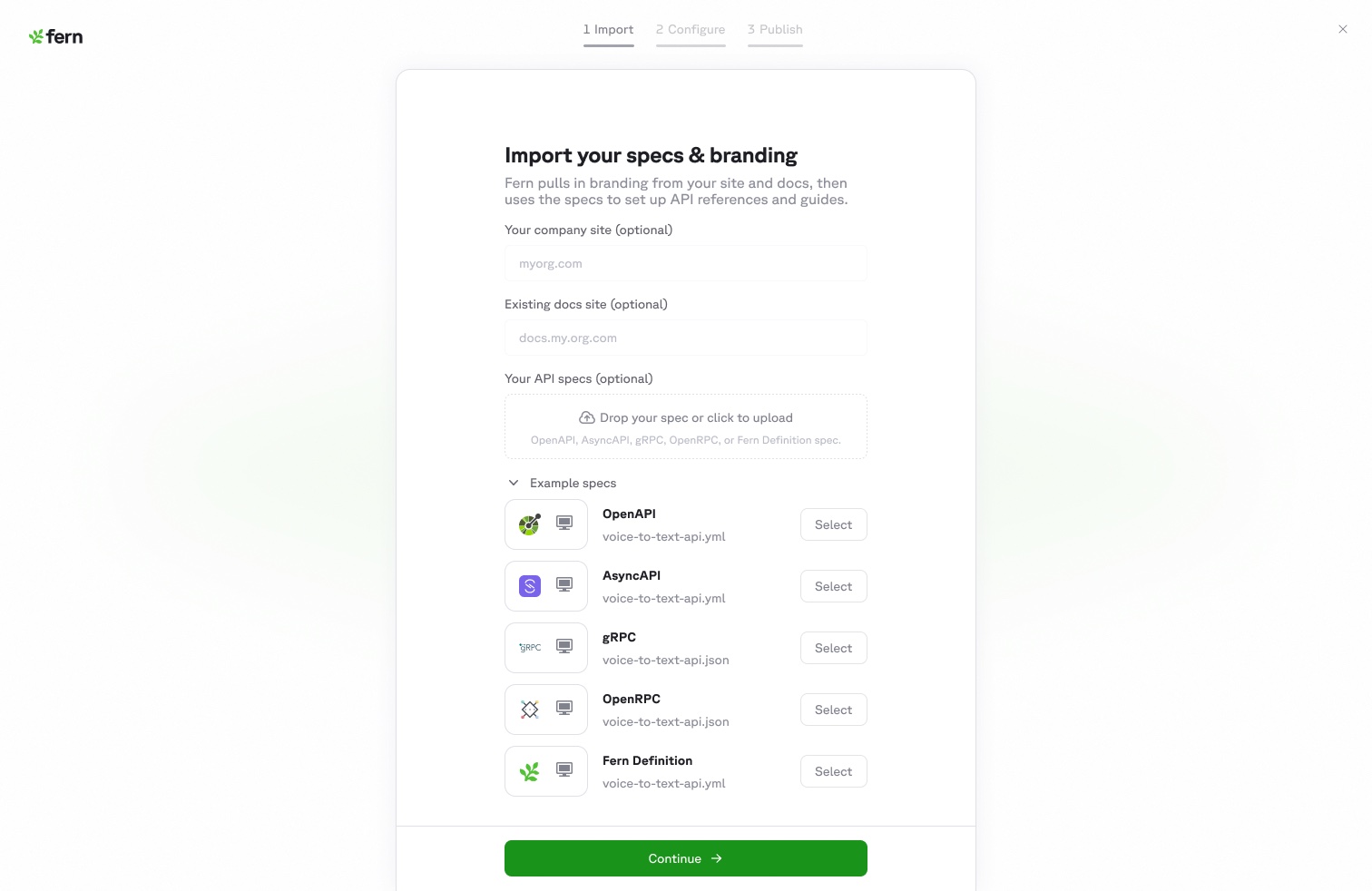 The first version of Fern's onboarding: a lightweight three-step wizard (Import, Configure, Publish) with fields for your company site, existing docs site, and API specs, plus example specs to pick from.