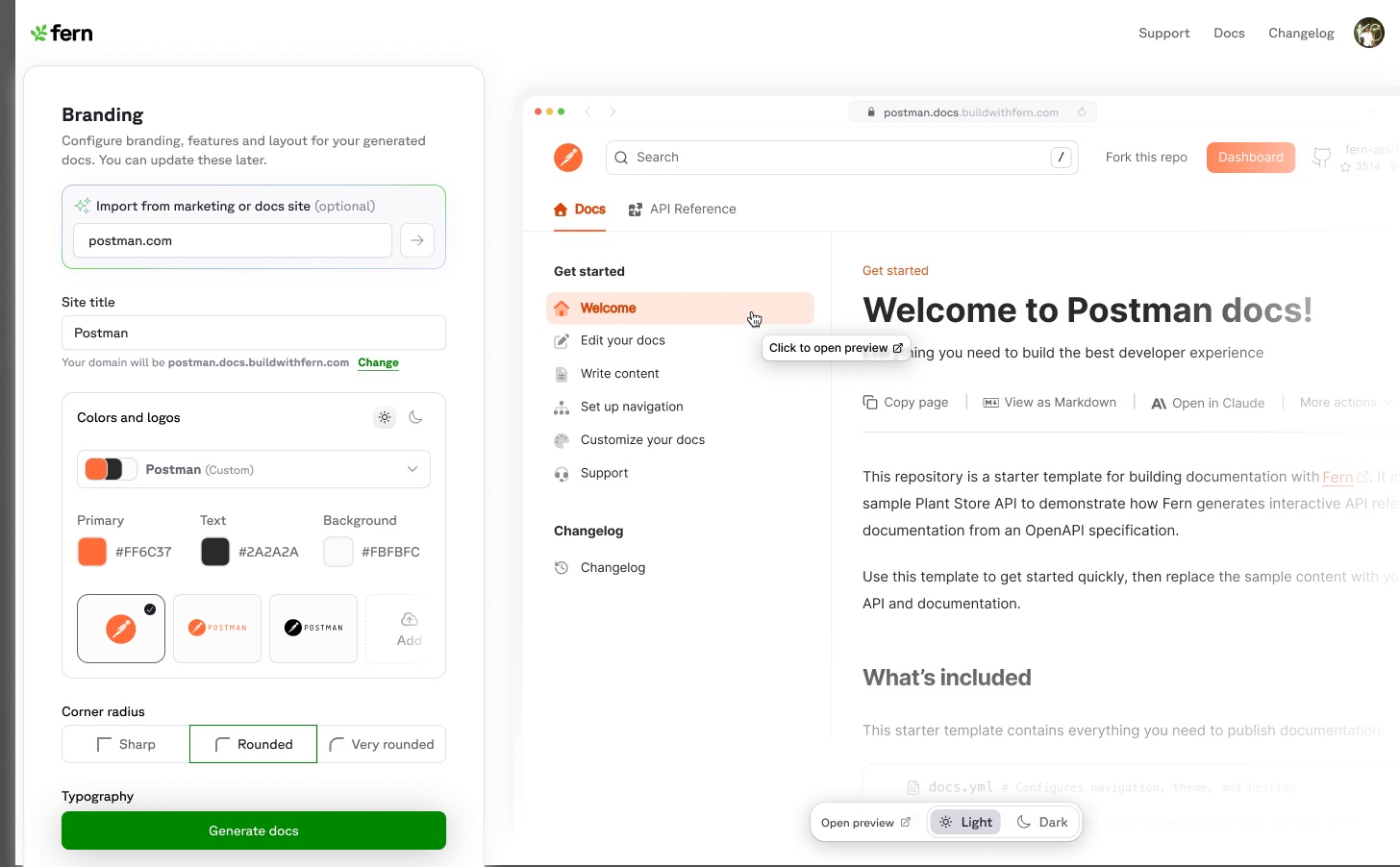 The second version of onboarding: a branding panel on the left (import from a URL, site title, colors and logos with light and dark themes, corner radius) beside a live iframe preview of the generated Postman docs site on the right.