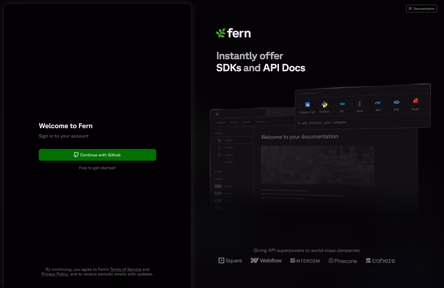 The Fern dashboard welcome screen in dark mode: a sign-in panel reading 'Welcome to Fern' with a Continue with Github button beside the floating SDK card composition.