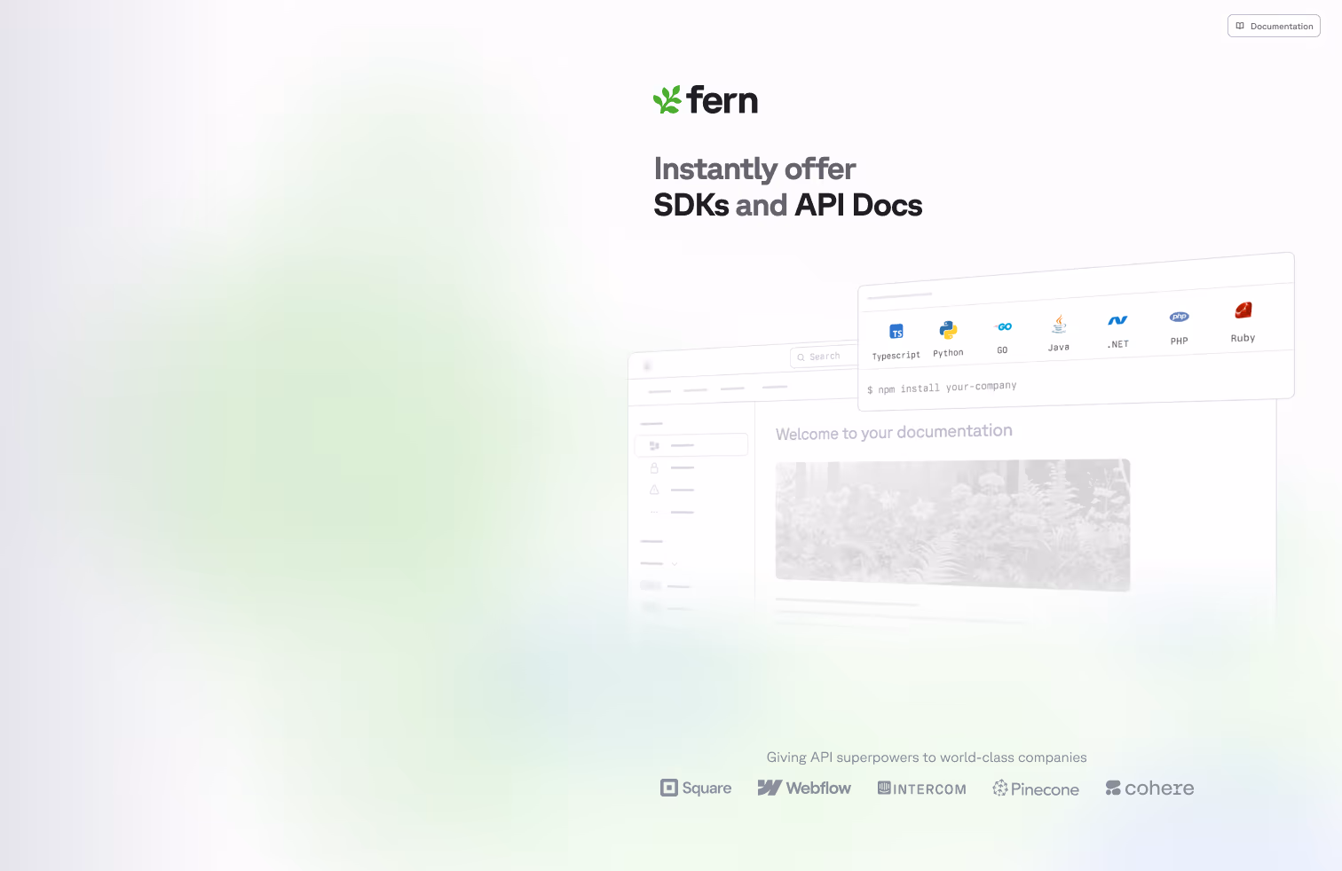 The Fern dashboard welcome screen in light mode: 'Instantly offer SDKs and API Docs' with a floating SDK language card over a faded docs preview and soft green gradient.