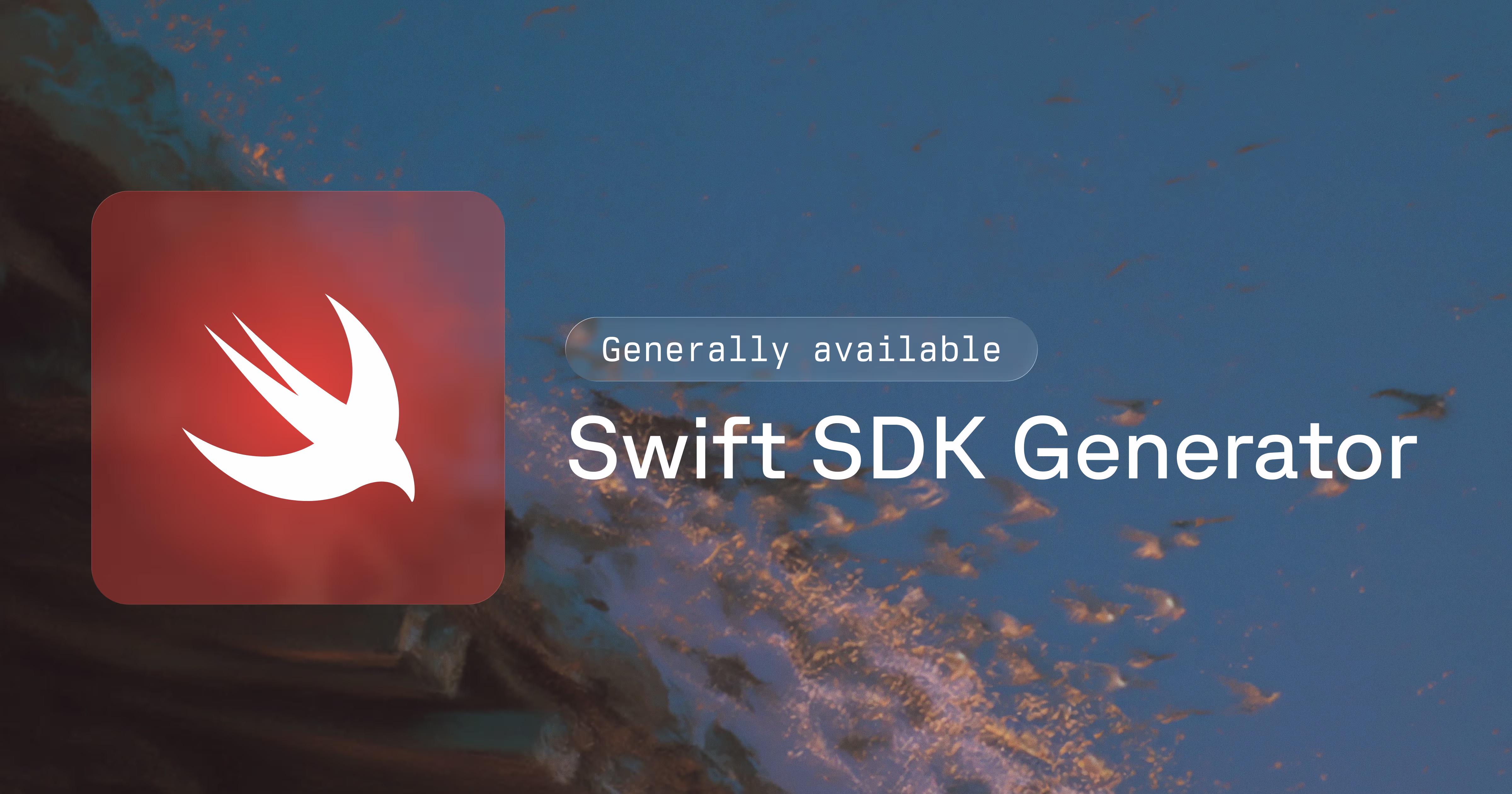 The Swift SDK generator launch: a flock of tiny swifts scattering across a blue sky above a Japanese temple.