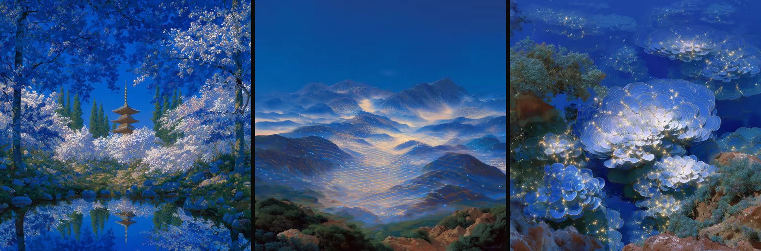 Three square generations: cherry blossoms and a pagoda in deep blue, a luminescent grid over misty mountains, and glowing hydrangea-like tidal flora