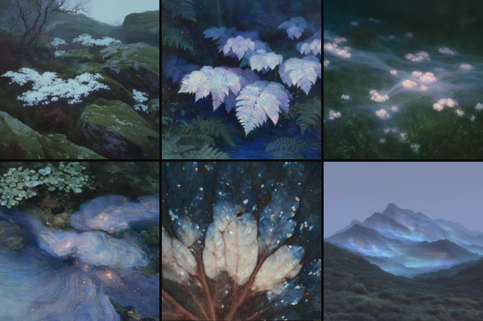 Six moody indigo Midjourney generations of ferns, mycelium, and mountains fused with circuitry and light