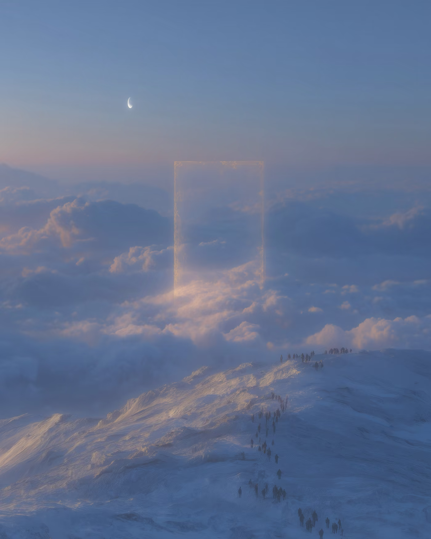 A line of tiny figures climbing a snowy ridge above the clouds toward a glowing vertical monolith, a crescent moon overhead