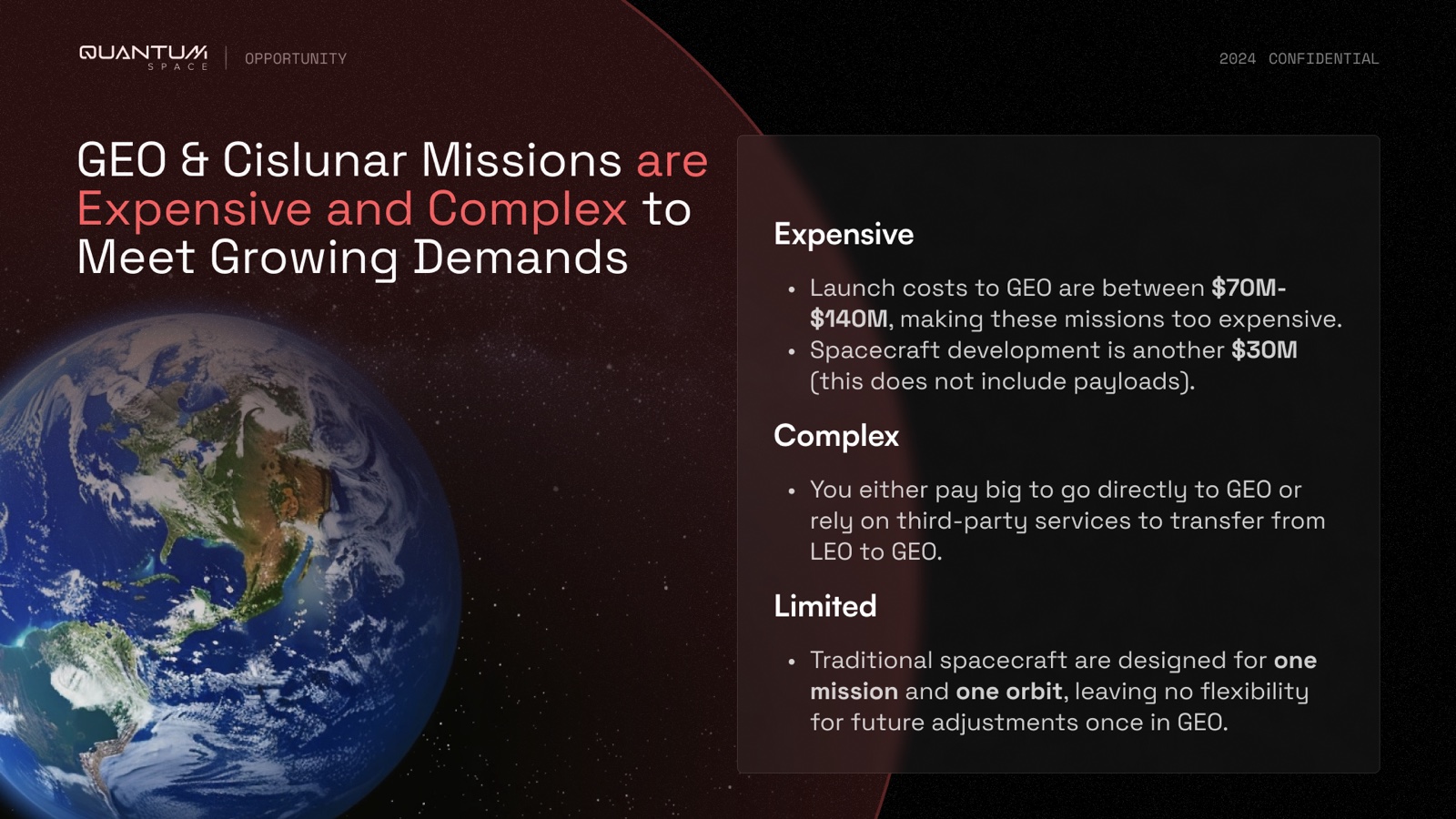 A problem slide washed in deep red: 'GEO & Cislunar Missions are Expensive and Complex,' with red-highlighted pain points.