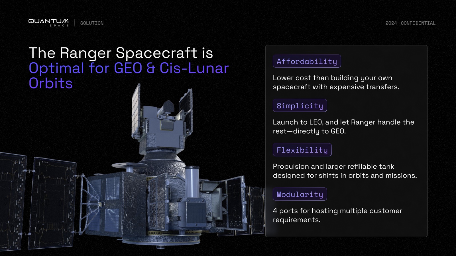 The Ranger spacecraft render beside four value pills: Affordability, Simplicity, Flexibility, Modularity.