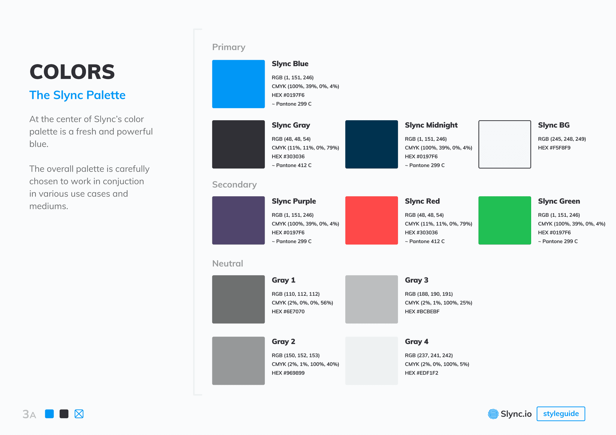 The colors page of the styleguide: swatches with RGB, CMYK, HEX, and Pantone values for Slync Blue, Gray, Midnight, and BG, plus secondary purple, red, and green and four neutral grays.