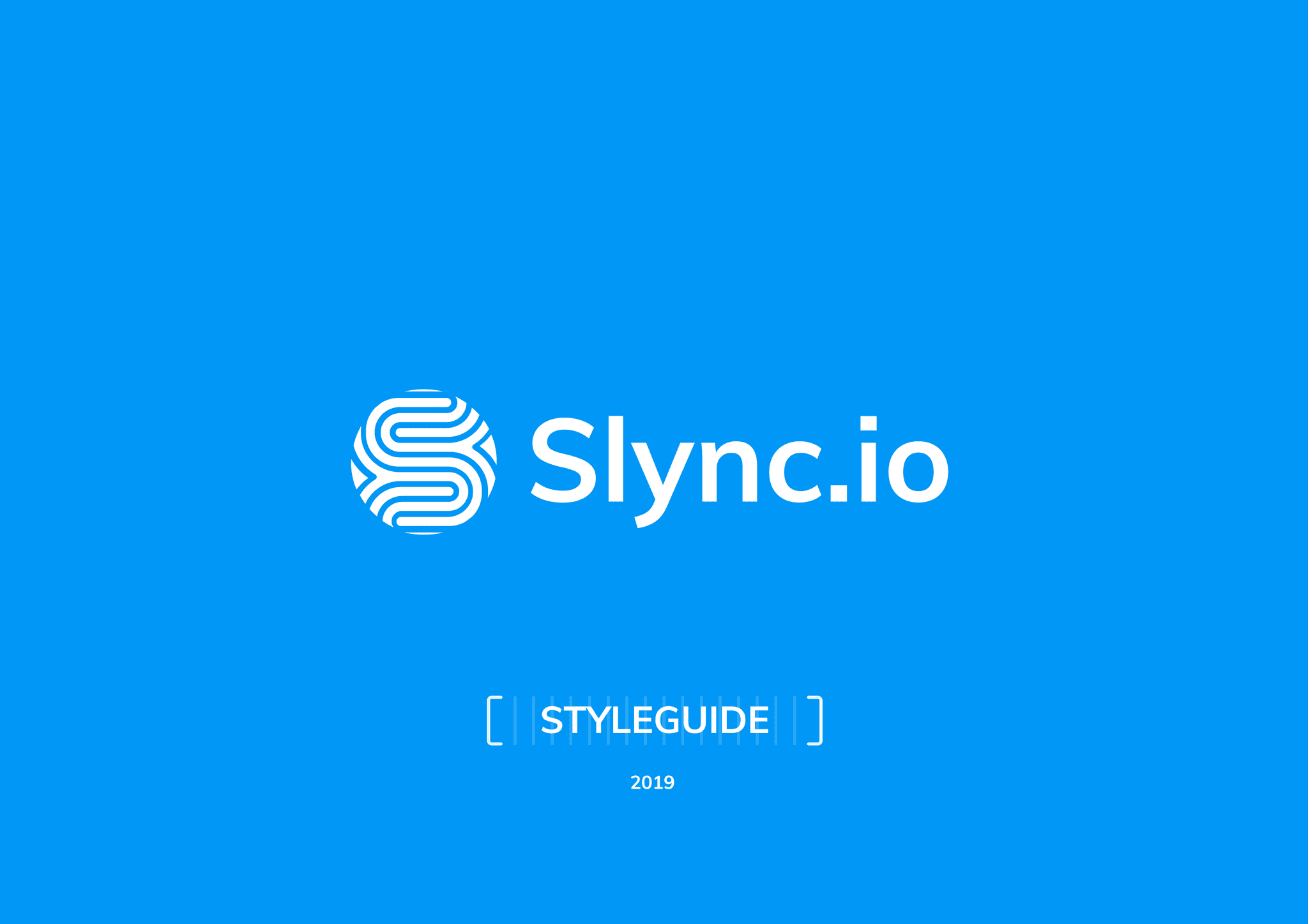 Cover of the 2019 Slync.io brand styleguide: the white Slync monogram of concentric line strokes next to the Slync.io wordmark on bright Slync Blue.