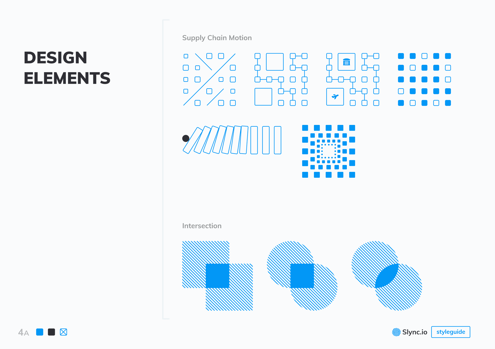 The design elements page of the styleguide: Supply Chain Motion node-grid patterns with tiny plane and box icons, a falling-bars motif, and overlapping hatched Intersection shapes.