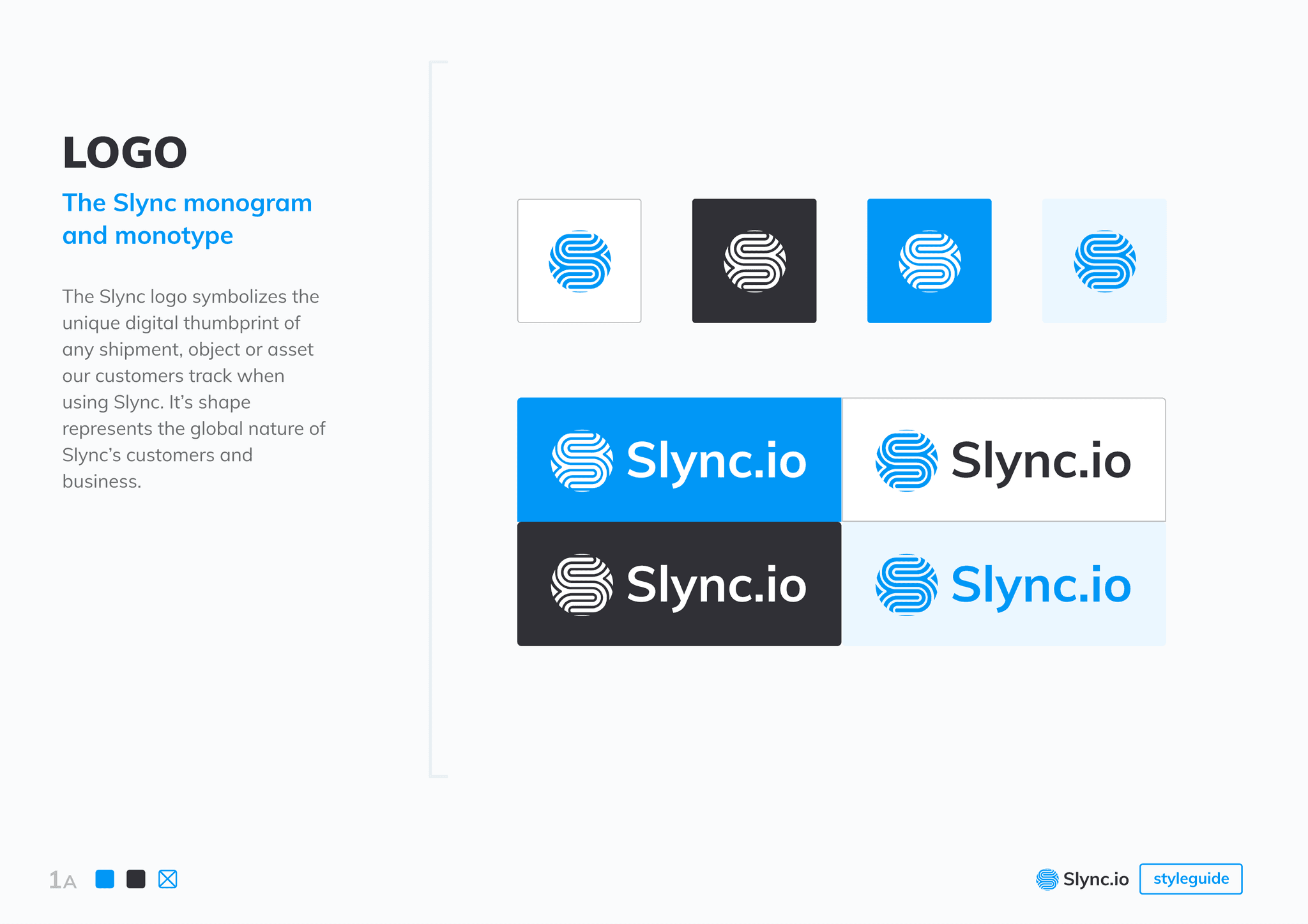 The logo page of the styleguide: Slync monogram and wordmark lockups in blue, charcoal, white, and light-blue treatments, with the digital-thumbprint rationale alongside.