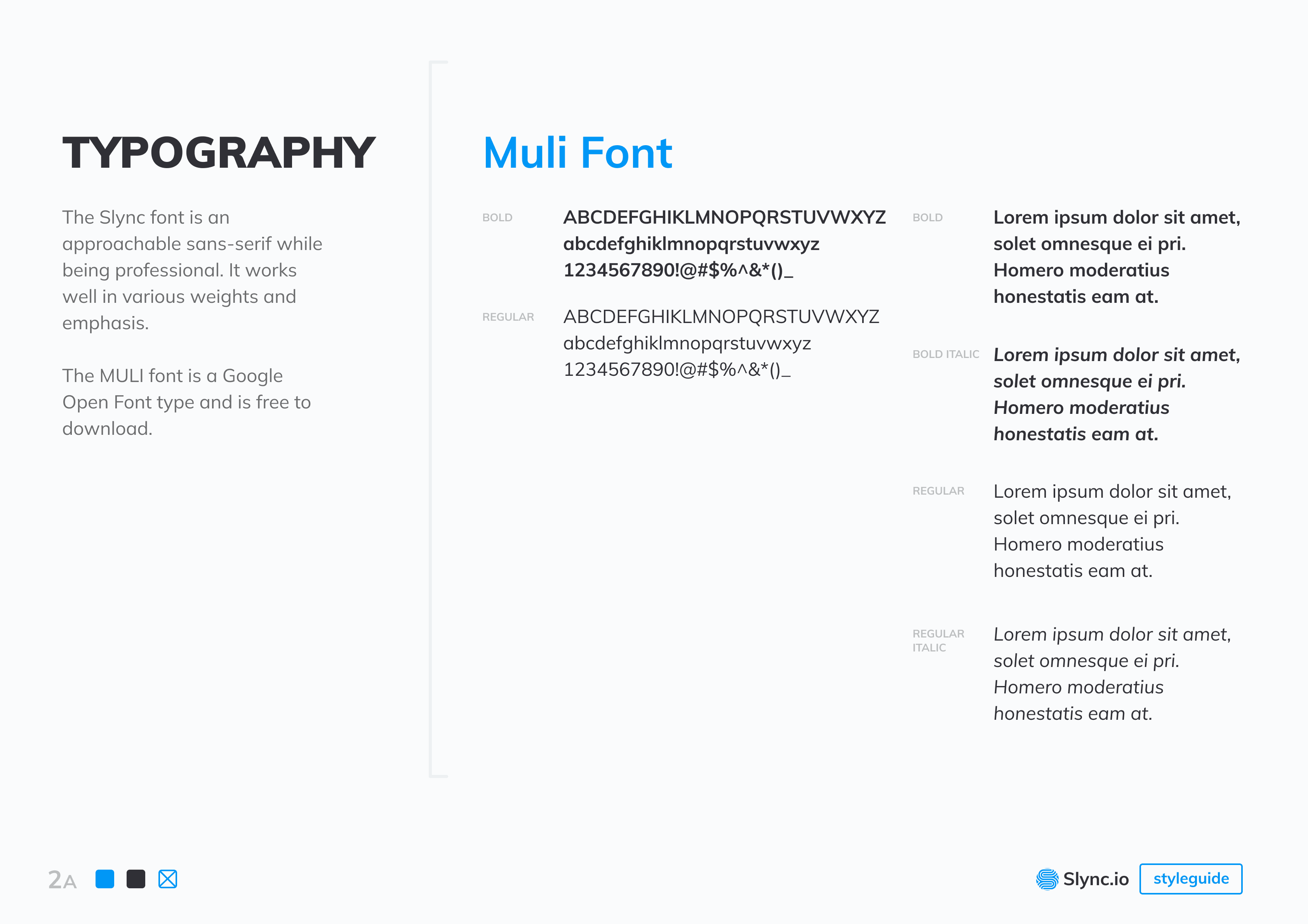 The typography page of the styleguide: alphabet and numeral specimens of the Muli typeface in bold and regular, with paragraph samples across weights and italics.
