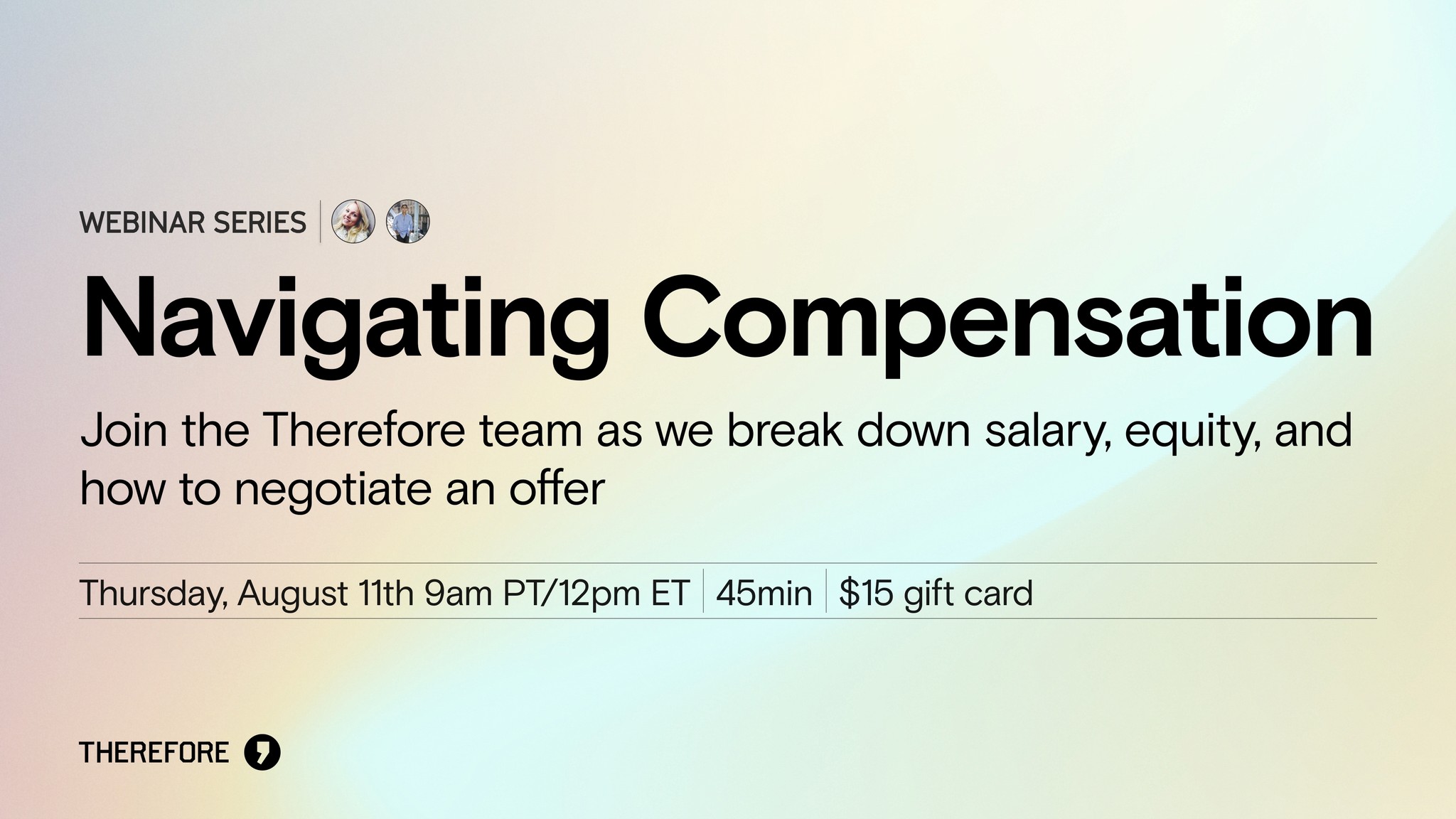 Title slide of the Navigating Compensation webinar: breaking down salary, equity, and how to negotiate an offer.